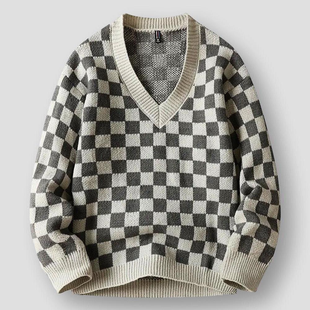 Moon Madrid Gilbert Checkered V-Neck Sweater