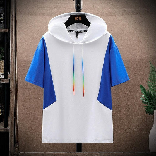 Dawn: Fashion Summer Casual Men's Cotton Hooded T-Shirt Hip Hop Short Sleeve Tees Outwear Solid Patchwork Tshirt Harajuku Top Clothing