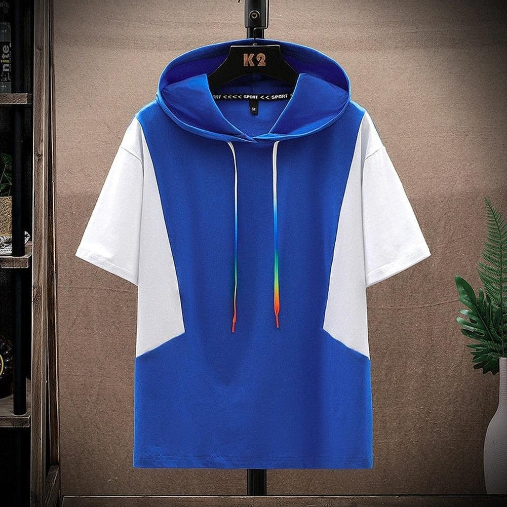 Dawn: Fashion Summer Casual Men's Cotton Hooded T-Shirt Hip Hop Short Sleeve Tees Outwear Solid Patchwork Tshirt Harajuku Top Clothing