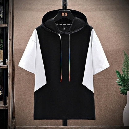 Dawn: Fashion Summer Casual Men's Cotton Hooded T-Shirt Hip Hop Short Sleeve Tees Outwear Solid Patchwork Tshirt Harajuku Top Clothing